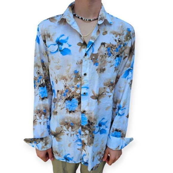 Haupt Germany Long Sleeve Creamy Beige Blue Tropical Floral Print Large - Picture 2 of 9